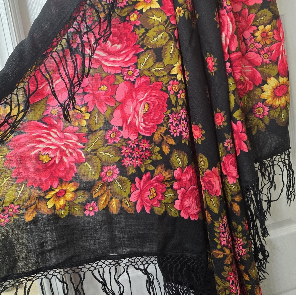 Floral Black and Pink Rose Fringed 5ft Scarf VINTAGE. MOSCOW FASHION CIRCA 1986